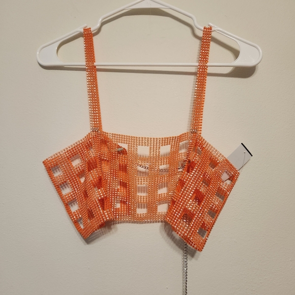 NWT Orange Nylon Rhinstone Crystal Festival Rave Topper - Picture 3 of 11